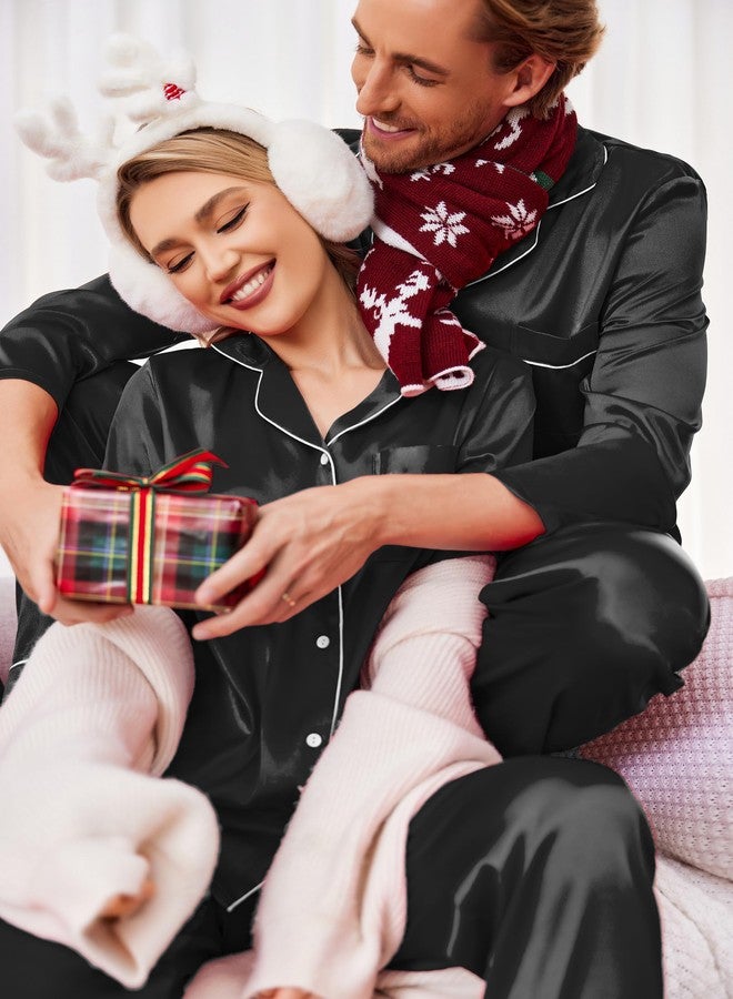 Ekouaer Couple Pajamas Women's Silk Satin Pajama Set Button Down Sleepwear with Pockets 2 Piece Pjs Set Black,M - Image 4